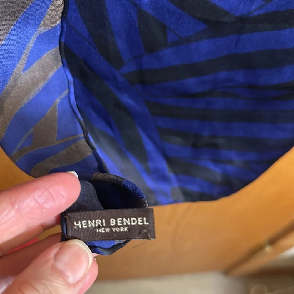 Henri Bendel 100% Silk Scarf. Multi Color Ranging Royal Blue/Navy to Brown